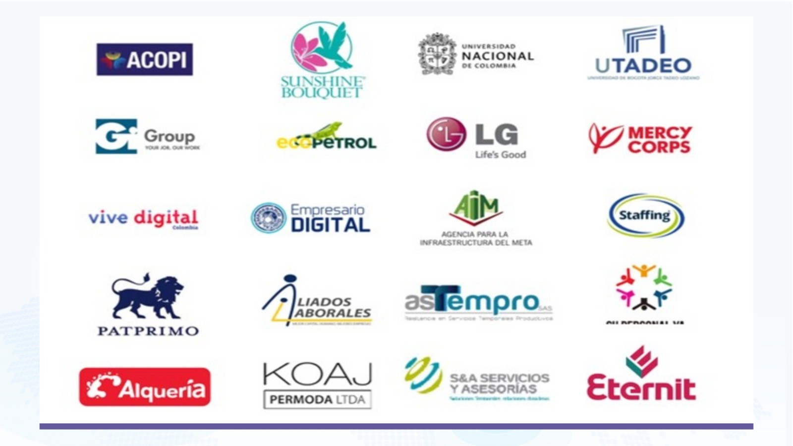 Logos de clientes de Bymedia: ACOPI, Sunshine Bouquet, Universidad Nacional de Colombia, UTADEO, Gi Group, Ecopetrol, LG, Mercy Corps, Vive Digital Colombia, Empresario Digital, AIM, Staffing, Patprimo, Aliados Laborales, Astempro, Tu Personal Ya, Alquería, KOAJ, S&A Servicios y Asesorías, Eternit