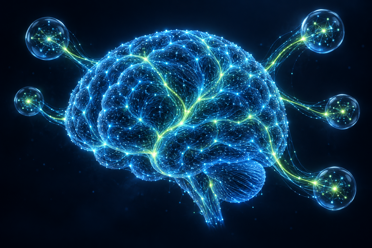Cerebro digital con una red de neuronas y conexiones luminosas, representación conceptual de inteligencia artificial